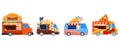 Street food vehicles, truck, vans, pushcart and counters with tent set of vector illustrations. Fast food cars with Royalty Free Stock Photo