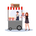 Street Food Vendor.Popcorn Kiosk.  Retro Popcorn Cart with Seller and Customer Royalty Free Stock Photo