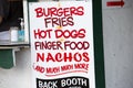 street food vendor sign for burgers, fries, hot dogs, nachos