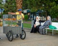 Street food. Food vendors. Mobile stall. Pretzel seller. Turkish snack. Small business in a resort location. Asia. food industry