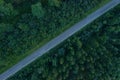 A street through a forest from top view, filmed by a drone, diagonal line, dividing the photo into two equal parts.