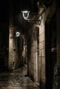 Street at gothic quarter in Barcelona at night after the rain Royalty Free Stock Photo