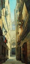 Street in gothic quarter in barcelona, painting