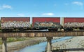 Graffiti on containers on a cargo train over a blue background