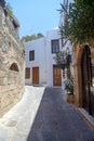 Street in greek town, Lindos city, Rhodes island, Greece Royalty Free Stock Photo