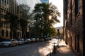 Street of Hamburg city. Paved road and corporate buildings