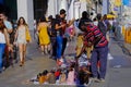 Street hawker selling fake handbags in Gran Via Madrid