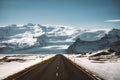 Street Highway Ring road No.1 in Iceland, with view towards massive glacier. Southern side if the country. Road trip