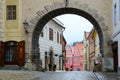 Street in historic center of small medieval town of Cesky Krumlov, Czech Republic