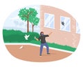 Street hooligan, vandal, burglar breaking window glass in house, damaging property, flat vector illustration. Vandalism. Royalty Free Stock Photo