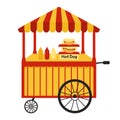 Street hot dog cart. Fast food kiosk stand with hot dogs. Vending cart on wheels Royalty Free Stock Photo