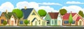 Street with houses in a small rural town. Cartoon cheerful flat style. Road. Village. Small cozy suburban cottages with