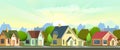 Street with houses in a small rural town. The lights of a sun. Cartoon cheerful flat style. Road. Village. Small cozy Royalty Free Stock Photo