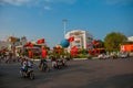 Street with huge traffic, lots of motorcycles. Nha Trang, Vietnam.