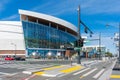 Street intersection and pedestrian crossing at Chase Center. The building is the home venue for the Golden State Warriors of