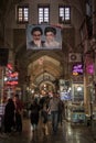 Street of Isfahan bazar with the portraits of the 2 Supreme leaders of Islamic Republic of Iran, Ali Khamenei