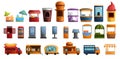 Street kiosk icon set, cartoon style