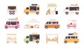 Street kiosks. Fast food trucks, tents and popcorn cart for outdoor summer fair. Festival market stall with flowers and