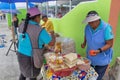 Street kitchen in Ecuador, Equatorians sell food, national snacks from corn, grill, popcorn, fried corn. Fried bananas Royalty Free Stock Photo