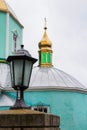Street lamp on the background of the dome of the Orthodox Church in Vylkove. Ukraine