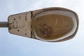 Street lamp close up. Big street lights at a big highway interchange. Close-up. Modern street lamp. Electric old lamp of street Royalty Free Stock Photo