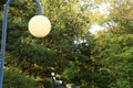 Street lamp in detail in a row with other lamps surrounded by trees