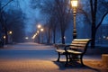 street lamp glowing softly on a deserted city bench at dusk Royalty Free Stock Photo