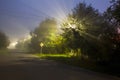 A street lamp illuminates the evening street