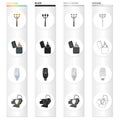 Street lamp, a lighter`s flame, an electric bulb, a floodlight. Light source set collection icons in cartoon black Royalty Free Stock Photo