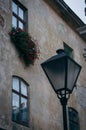 Street lamp in old town with flower pot on the wall. Landmark of old town of Lviv. Street lantern on beige wall background Royalty Free Stock Photo