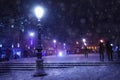 Street lamp on Republique square, Paris under snow Royalty Free Stock Photo