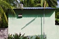 Street lamp shadow on an abandoned house with violet flowers and palm leaves Royalty Free Stock Photo