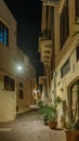 Street lamp shining over the narrow Theofanus street, old town, Chania Royalty Free Stock Photo