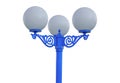 Street lamp with three glass bulb on blue stick isolated on white