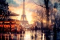 Street landscape of Paris on rainy autumn or winter day with blurry crowd of people and view of Effel Tower