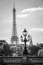 Street lantern on the Alexandre III Bridge against the Eiffel Tower in Paris Royalty Free Stock Photo