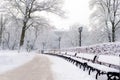 Street lantern with bench in snow beautiful cold winter day