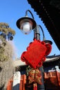 Street lantern with a red sign and golden fish on it, standing around the Beijing Wanshou Temple