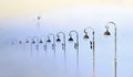 Street Lanterns in the fog. Lanterns on the embankment in the fog on a frosty winter morning. Saint Petersburg. Russia