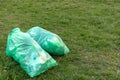 On the street on the lawn two large green plastic bag with garbage. Conceptual photography