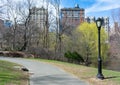 Street Light along a Path next to The Pool at the Northern Area of Central Park in New York City during Spring Royalty Free Stock Photo