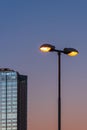 Street light fixture situated next to a large, modern office building