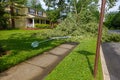 A street light laying on the grass in front of a house after being knocked down by a fallen tree during a wind storm