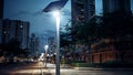 Street light with solar panel at night in Hong Kong,China., generative ai Royalty Free Stock Photo