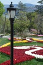 Street lighting pole, garden park with colorful flowers in background