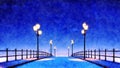 Street lights on bridge at winter night watercolor