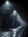 Street lights foggy misty night. Tram route on a city street