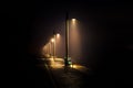 Street lights on a foggy morning at the Ohio River wharf. Royalty Free Stock Photo