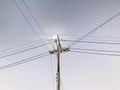 Street lights with many wires.