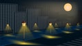 street lights on night alley in big city. Night romance of metropolis. Bright full moon in sky. Cartoon vector illustration Royalty Free Stock Photo